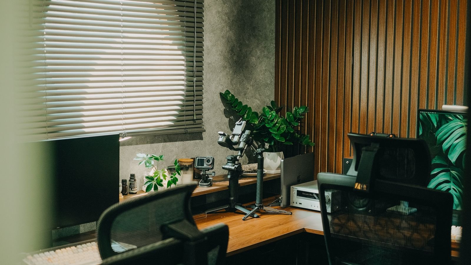 Bureau moderne avec ordinateur et plantes vertes, ambiance feutrée